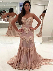 Mermaid Sweetheart Lace Appliques Pink Prom Dresses