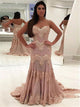 Mermaid Sweetheart Lace Appliques Pink Prom Dresses