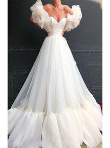 A Line White Organza Short Sleeves Prom Dresses with Sweep Train