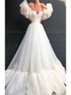 A Line White Organza Short Sleeves Prom Dresses with Sweep Train
