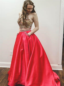 Two Pieces A Line Red Halter Beaded Satin Prom Dresses With Pockets