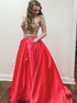 Two Pieces A Line Red Halter Beaded Satin Prom Dresses With Pockets LBQ3093