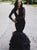 Black Mermaid Open Back Long Sleeves Appliques Prom Dresses 