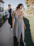 A Line V Neck Chiffon Silver Prom Dress with Slit LBQ2783