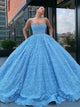 Ball Gown Sky Blue Lace Spaghetti Straps Prom Dresses