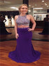 Two Pieces Mermaid Purple Scoop Satin Prom Dresses with Beaded LBQ2566