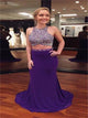 Two Pieces Mermaid Purple Scoop Satin Prom Dresses