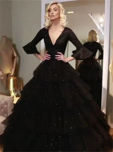 Ball Gown V Neck Black Long Sleeves Tulle Sequins Prom Dresses