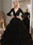 Ball Gown V Neck Black Long Sleeves Tulle Sequins Prom Dresses