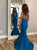 Blue Backless Sweep Train Prom Dresses