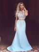 Scoop Sleeveless Sweep Train Lace Prom Dresses