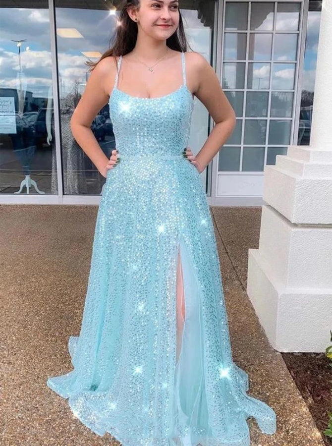 A Line Spaghetti Straps Side Slit Tiffany Blue Sequin Prom Dresses | Alinepromdress A Line Spaghetti Straps Side Slit Tiffany Blue Sequin Prom Dresses | Alinepromdress