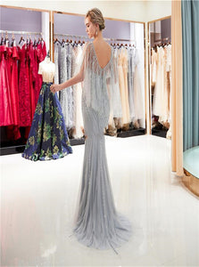 Silver Rhinestone Mermaid Tulle Prom Dresses LBQ1657