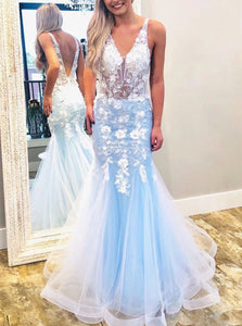 V Neck Blue Lace Mermaid Tulle Prom Dresses