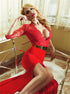Red Mermaid V Neck Long Sleeves Appliques Slit Prom Dress LBQ2880