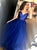 A Line Navy Blue V Neck Straps Tulle and Satin Beadings Prom Dresses