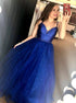 A Line Navy Blue V Neck Straps Tulle and Satin Beadings Prom Dress LBQ2663