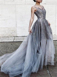 Gray Sleeveless Scoop Tulle Prom Dresses with Sweep Train