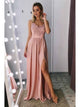 Pink V Neck Chiffon Prom Dresses with Pleats