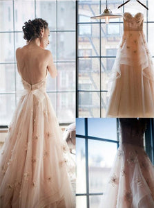 Pear Pink A Line Sweetheart Backless Flowers Chiffon Prom Dresses