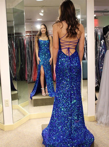 Royal Blue Mermaid Lace Up Sequins Prom Dresses