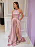 A Line Halter Satin Pockets Prom Dress with Slit LBQ3248