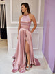A Line Halter Satin Pockets Prom Dresses