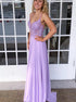 A Line V Neck Spaghetti Straps Chiffon Long Prom Dresses With Beading LBQ2258