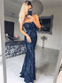 Mermaid Strapless Navy Blue Chiffon Prom Dress with Sequins LBQ2044