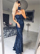 Mermaid Strapless Navy Blue Chiffon Prom Dress with Sequins