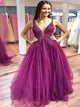 A Line V Neck Floor Length Tulle Plum Purple Prom Dress with Beadings LBQ2413