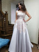 A Line Scoop Backless Appliques Satin Prom Dresses