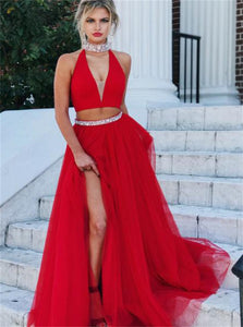 Sweep Train Red Evening Dresses with Slit