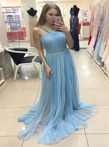 A Line V Neck Blue Tulle Beadings Prom Dresses