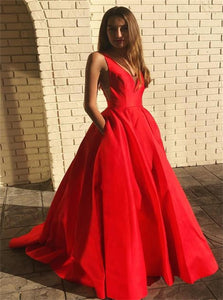 V Neck Satin Red Sweep Train Prom Dresses With Pocket