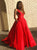 V Neck Satin Red Sweep Train Prom Dresses With Pocket