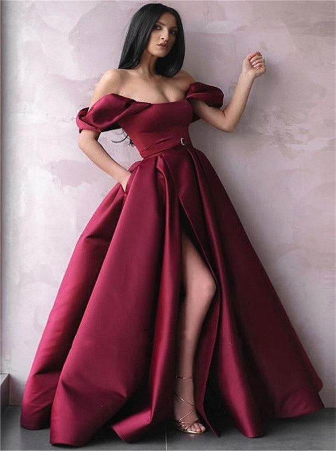 Off the Shoulder Ribbons A Line SatinProm Dress with Slit | Alinepromdress Off the Shoulder Ribbons A Line SatinProm Dress with Slit | Alinepromdress
