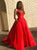 A Line V Neck Satin Red Sleeveless Prom Dress With Pocket