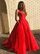 A Line V Neck Satin Red Sleeveless Prom Dress With Pocket