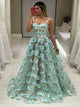 Green Spaghetti Straps Sweetheart Lace Tulle Prom Dresses