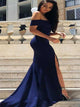 Mermaid Off the Shoulder Sweep Train Slit Satin Prom Dresses 