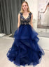 A Line V Neck Dark Navy Blue Lace Ruffles Prom Dresses LBQ2137