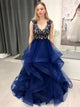 A Line V Neck Dark Navy Blue Lace Ruffles Prom Dresses 