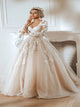 Ball Gown V Neck Long Sleeves Tulle Appliques Sequins Prom Dresses