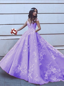 V Neck Off Shoulder Lilac Ball Gowns Appliques Prom Dresses