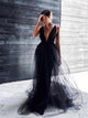 A Line Black Sweep Train Prom Dresses with Pleats