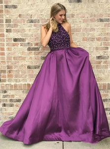 Purple A Line Halter Beaded Sleeveless Satin Prom Dresses 