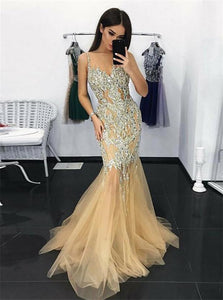 Champagne Beading Mermaid Tulle Prom Dresses 