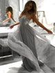 Spaghetti Straps Grey A Line Tulle Appliques Prom Dresses