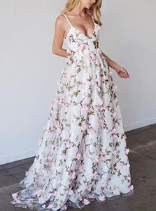 Floral Pink Tulle Long Prom Dresses